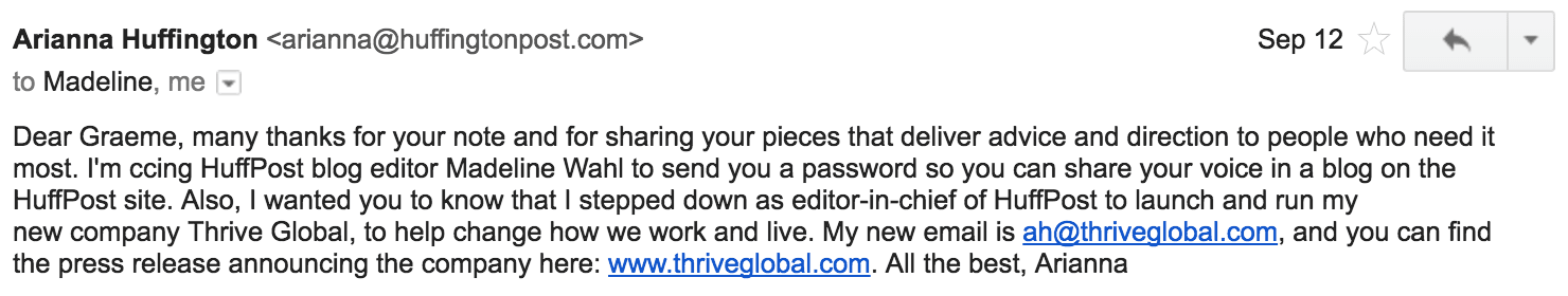 阿里安娜·赫芬顿关于为Thrive Global撰稿的邮件